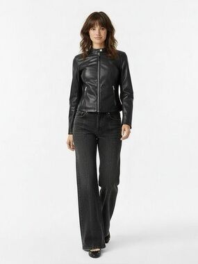 DKNY Black Faux Leather Mock-Neck Moto Biker Jacket Full-Zip NWOT Large